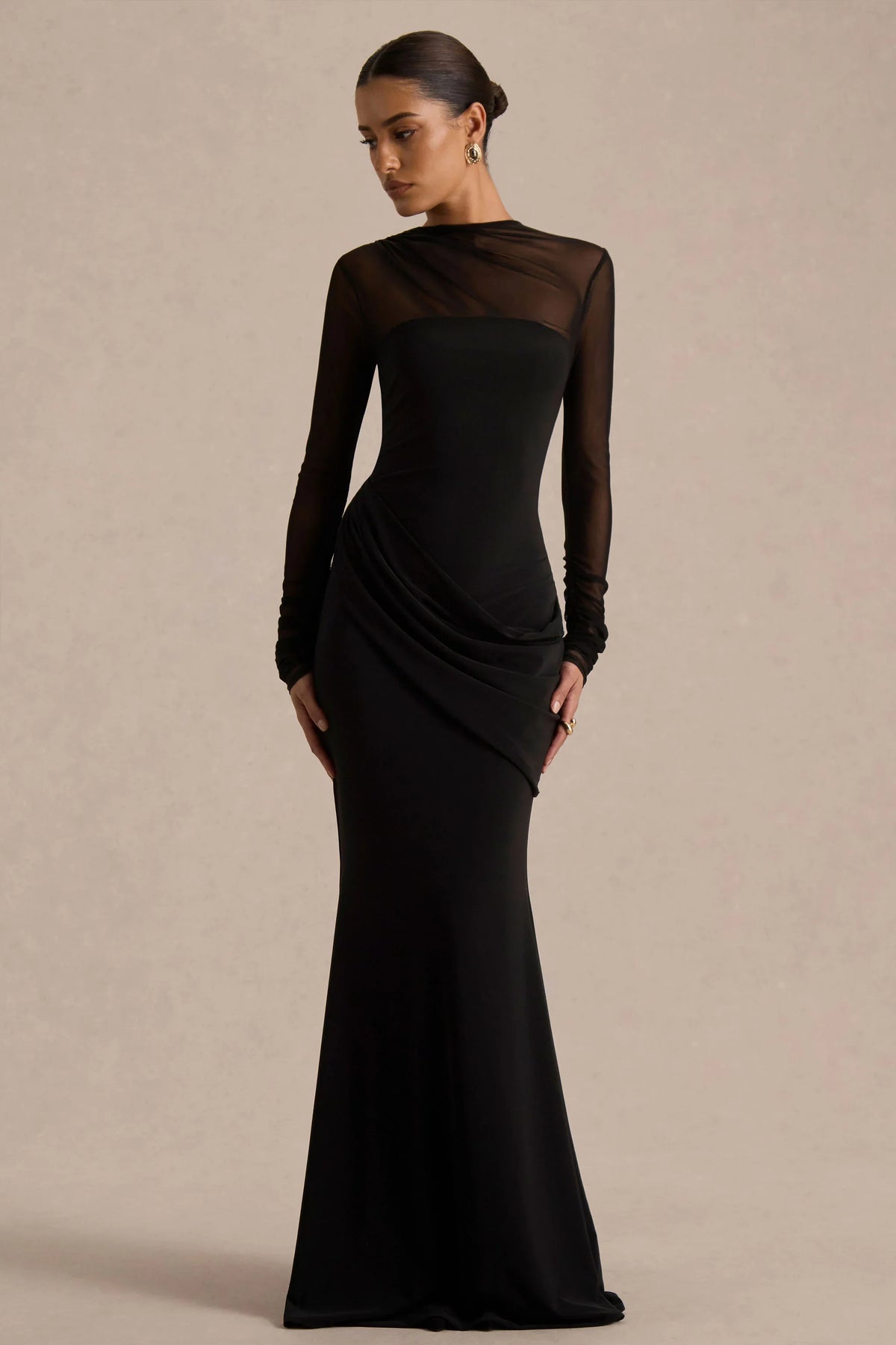 Deema Black Jersey And Mesh High Neck Maxi Dress