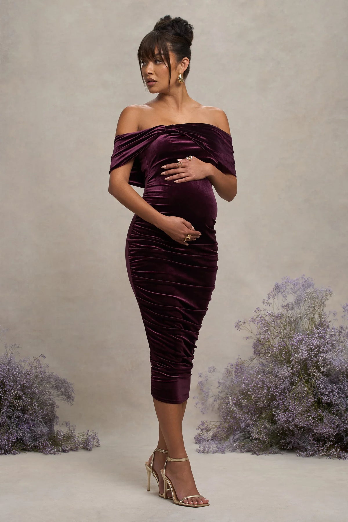 Alyssa Port Velvet Maternity Bardot Bow Maternity Midi Dress with Ruching