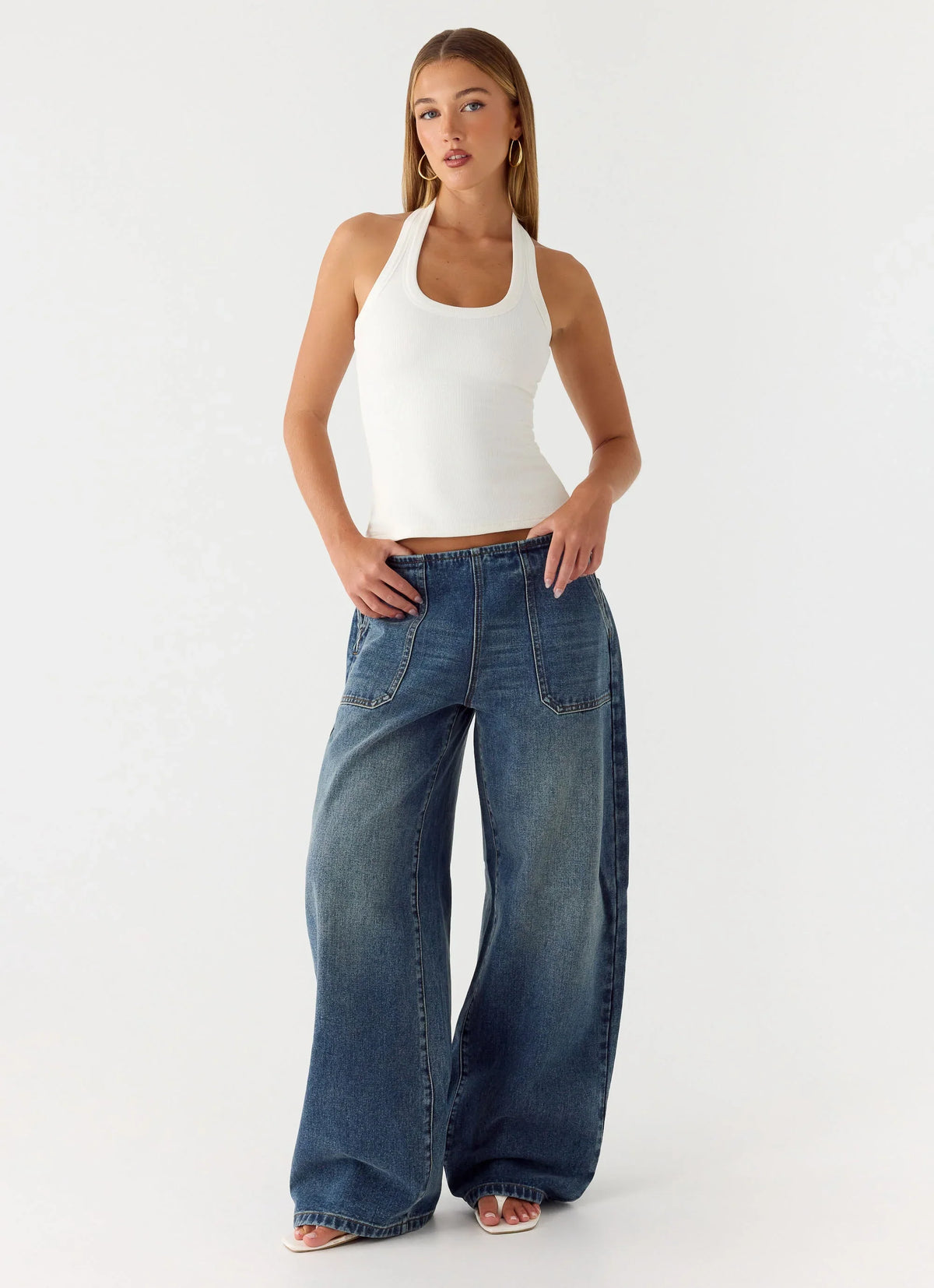 Seethal Low Rise Washed Denim Jeans Mid Wash Blue