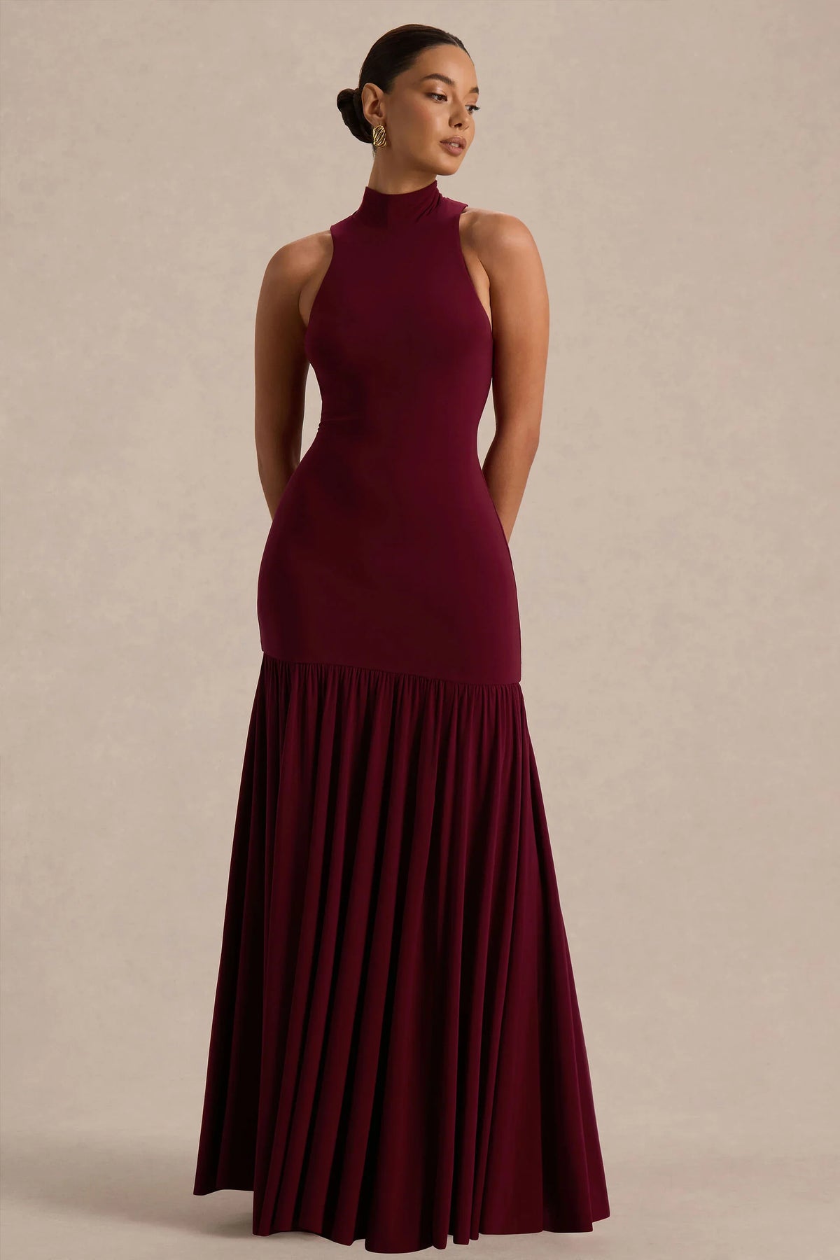 Tasmin Burgundy High Neck Maxi Dress With Drop Waist