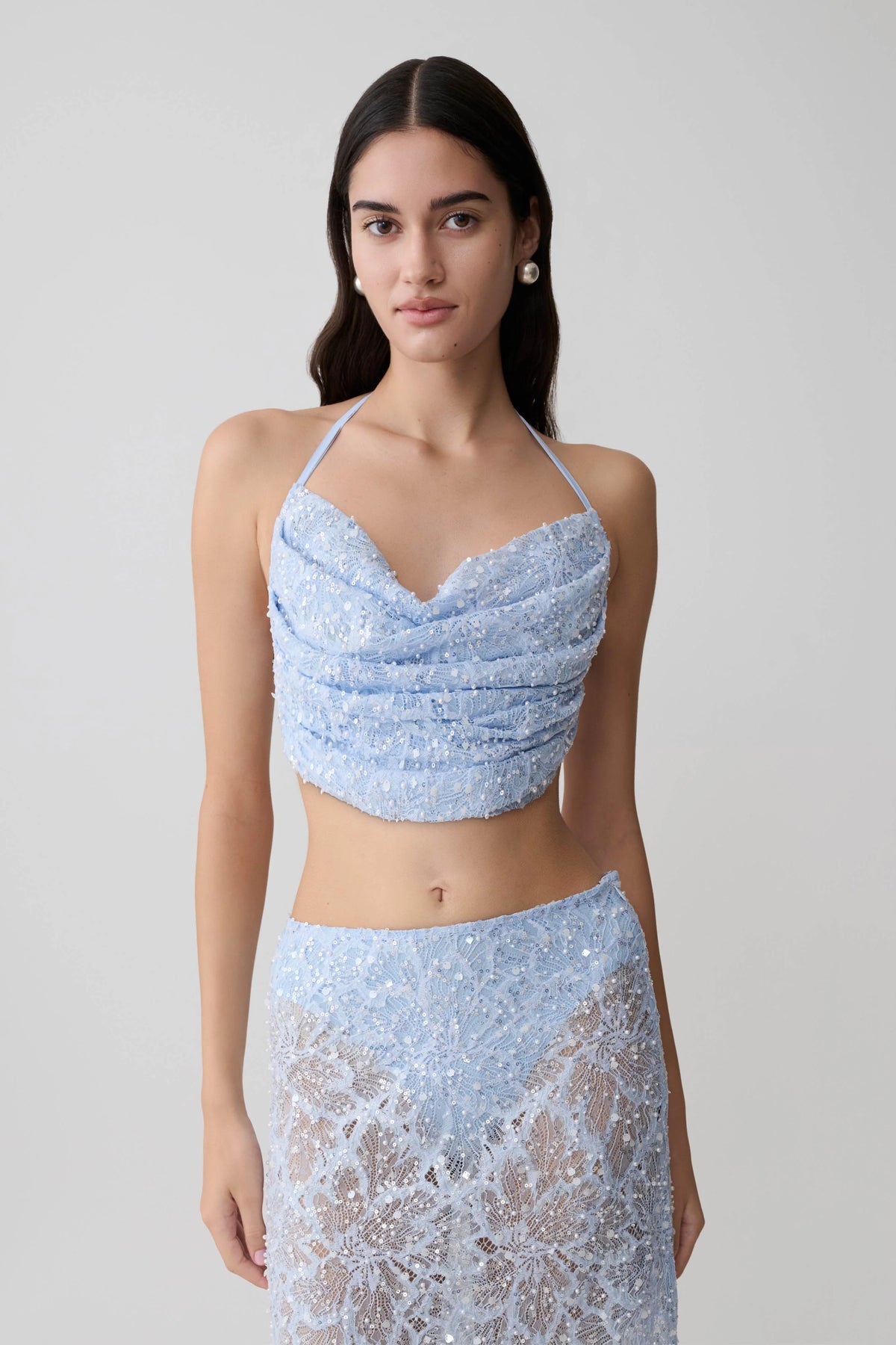 Kiara Pearl Beaded Cowl Crop Top Powder Blue