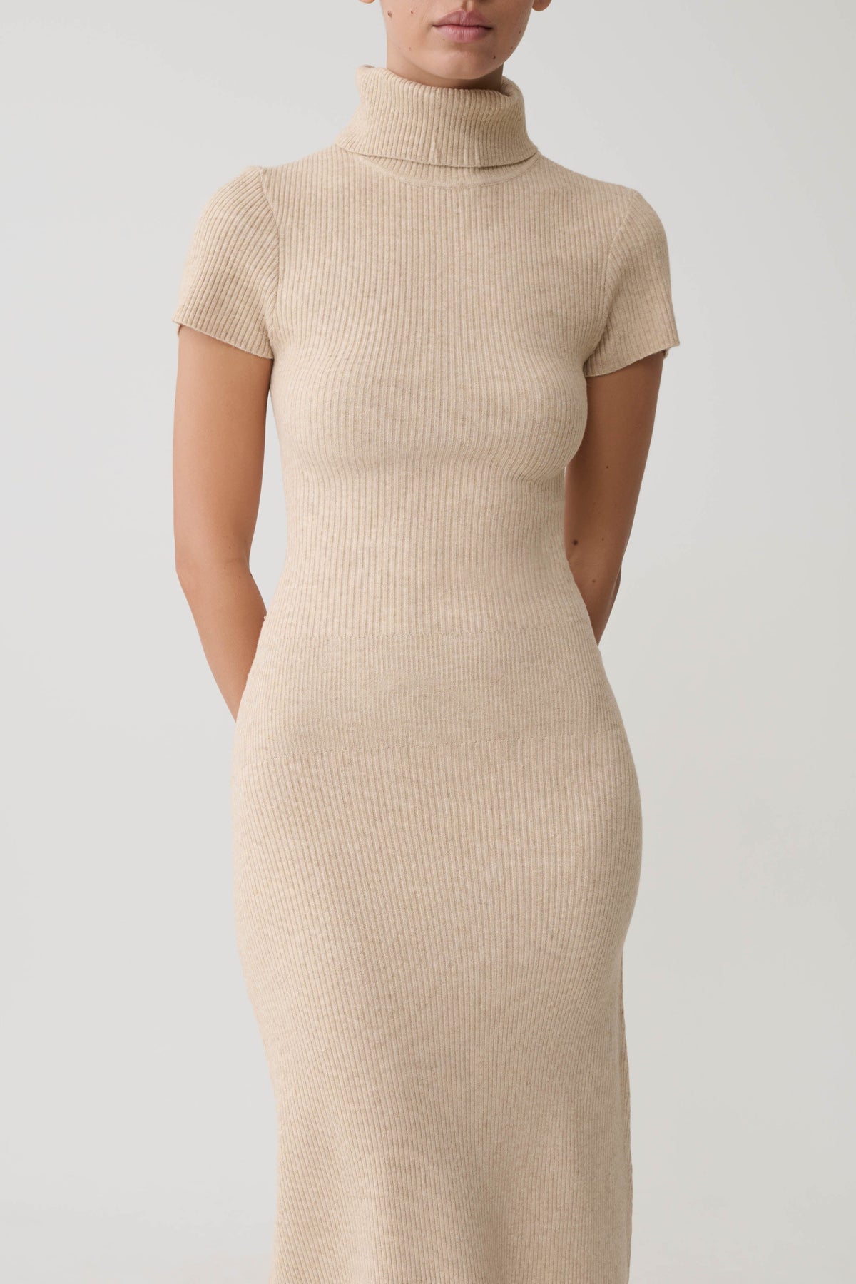 Goldie High Neck Knit Midi Dress Camel