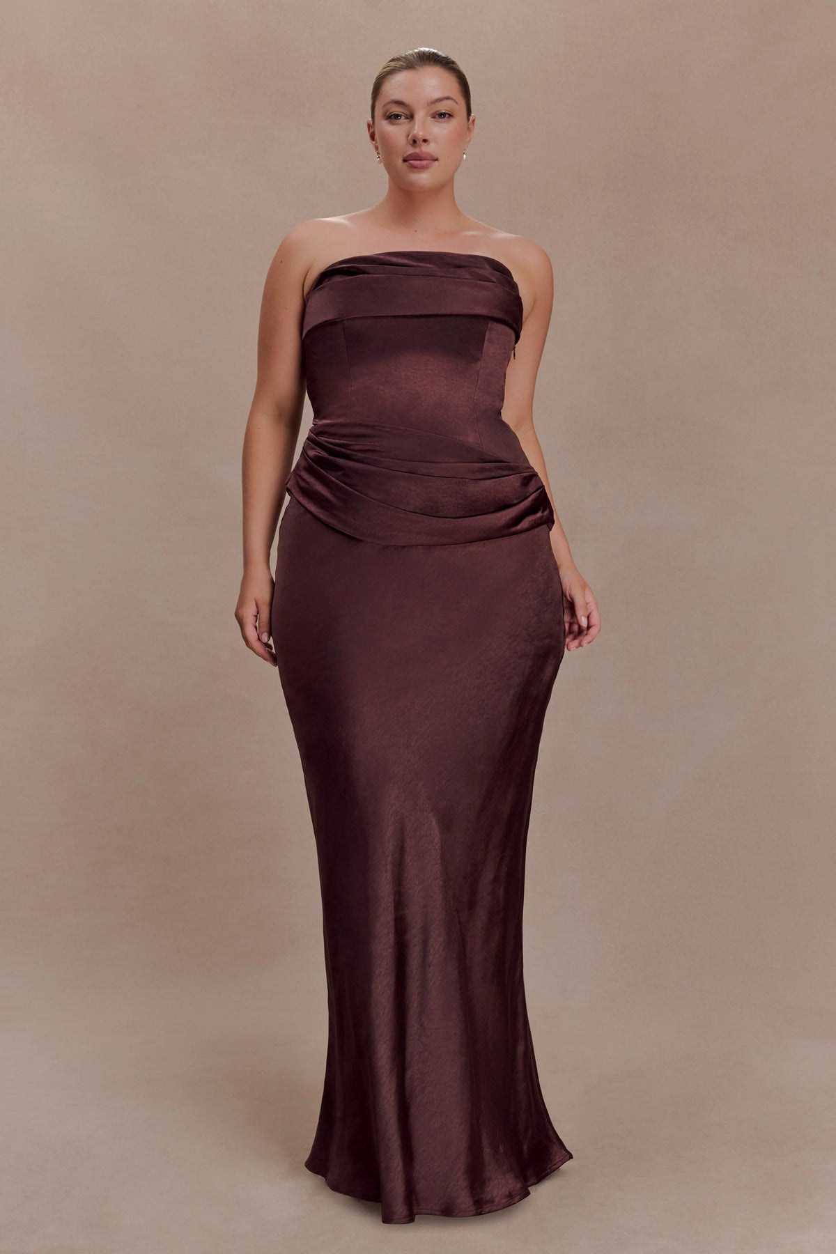 Jasmine Strapless Satin Maxi Dress Dark Chocolate