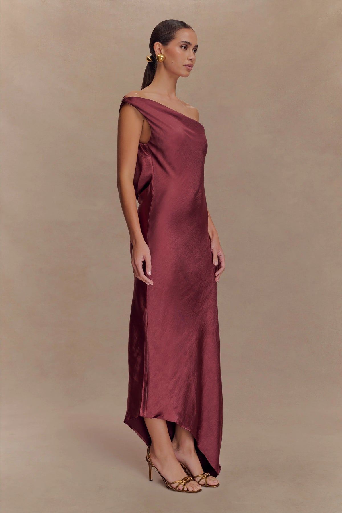 Yvette Slip Maxi Dress With Asymmetrical Hem Brown Cherry