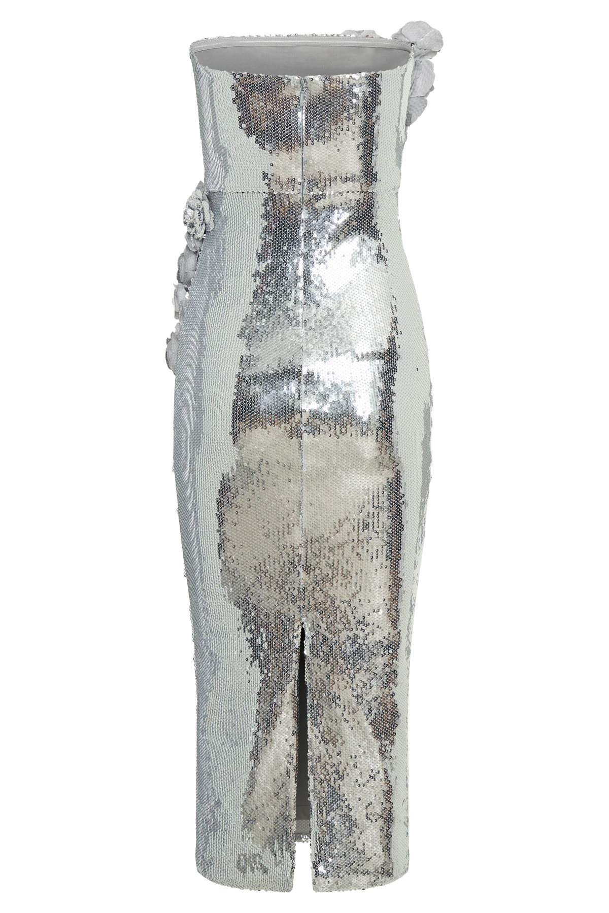 Cassia Strapless Sequin Rose Midi Dress Silver