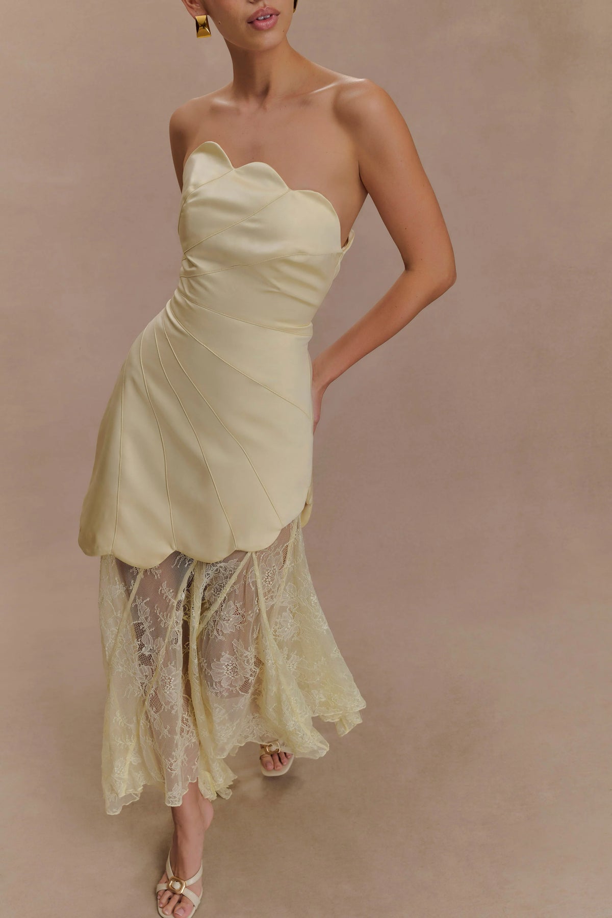 Aleena Satin And Lace Maxi Dress Lemon