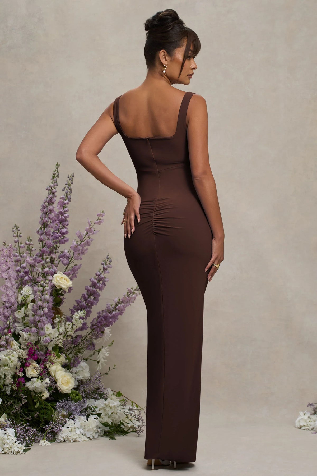 Avril Brown Square Neck Maternity Maxi Dress with Split