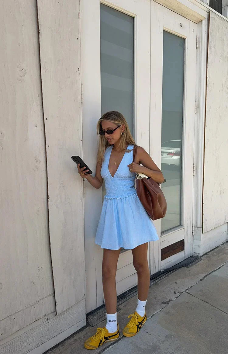 Juna Light Blue Stripe Shirred Mini Dress
