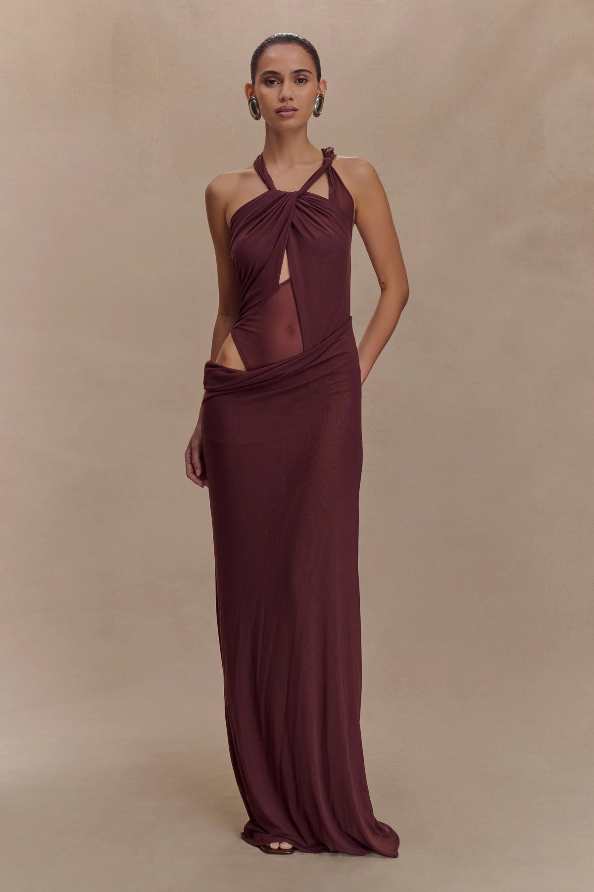 Edwina Knotted Mesh Maxi Dress Mahogany