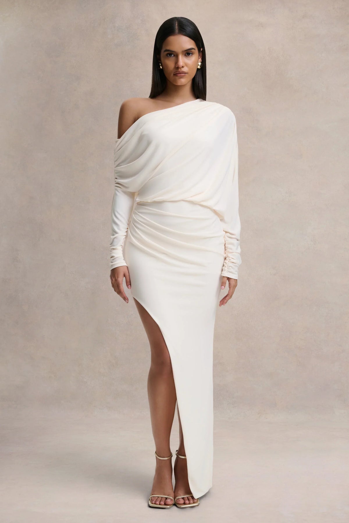 Olivia Cream Asymmetric Neck Maxi Dress With Ruched Detailing Asymmetric Hem