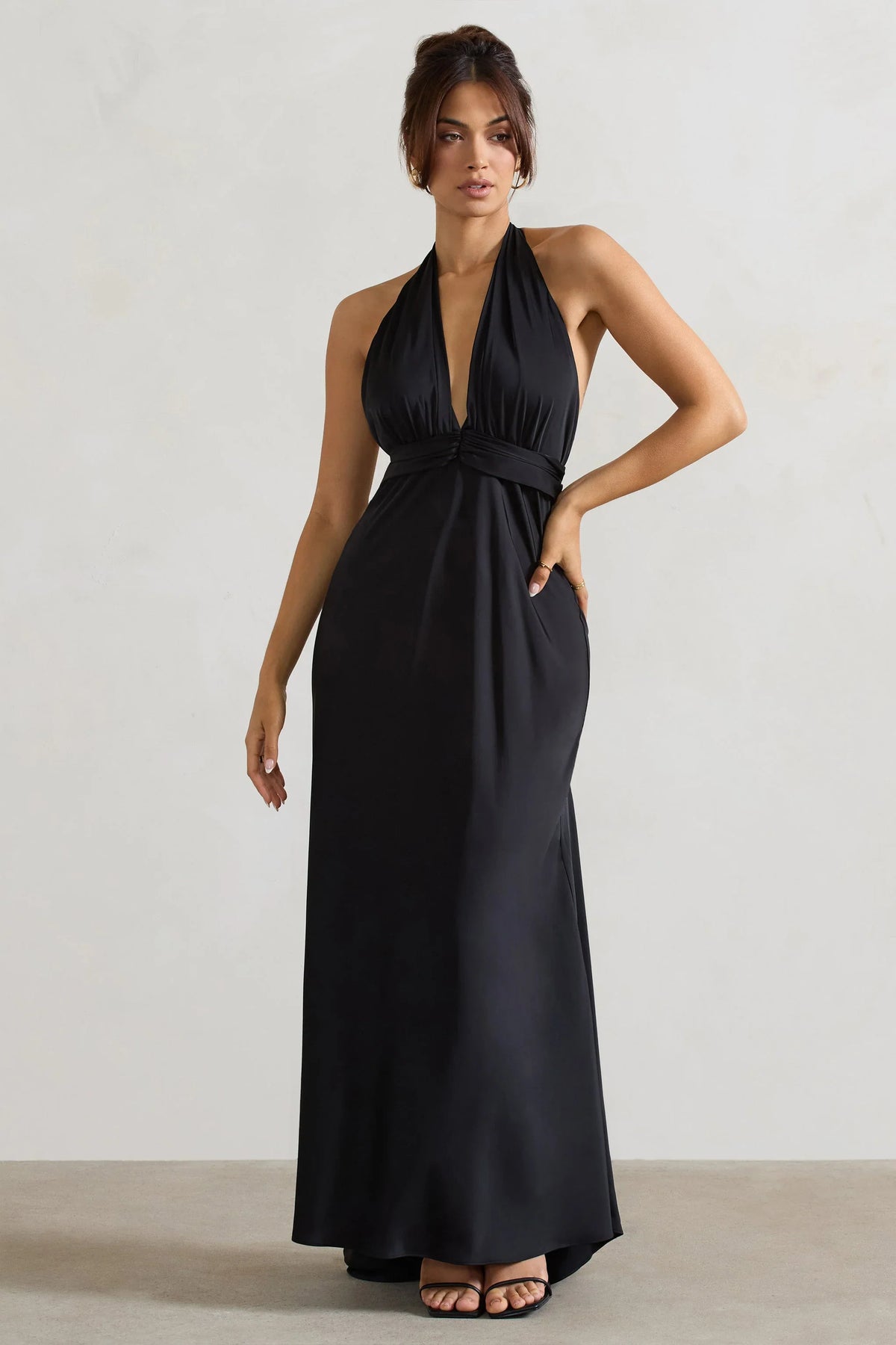 Carolyn Black Satin Plunge Maxi Dress With Dipped Hem