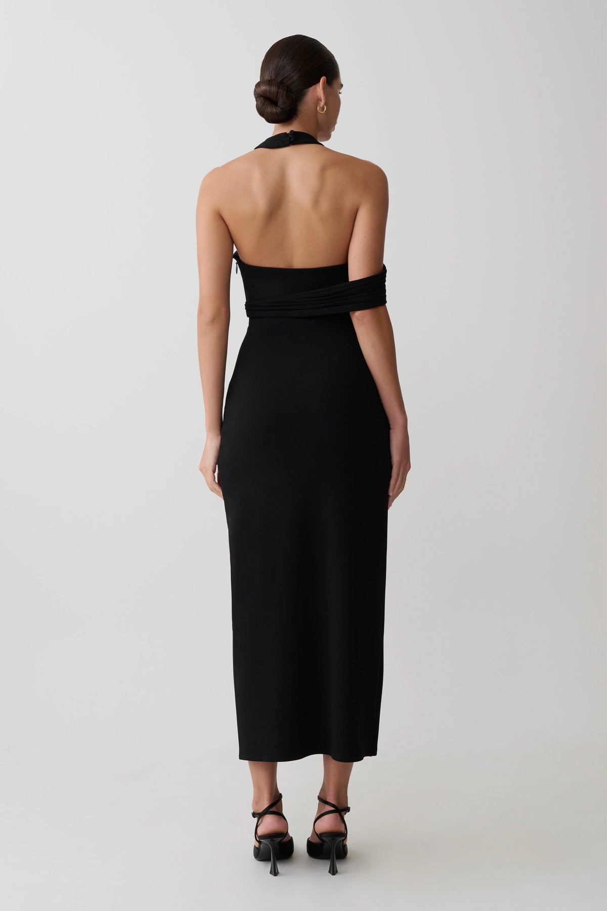 Sable Crossover Crepe Midi Dress Black