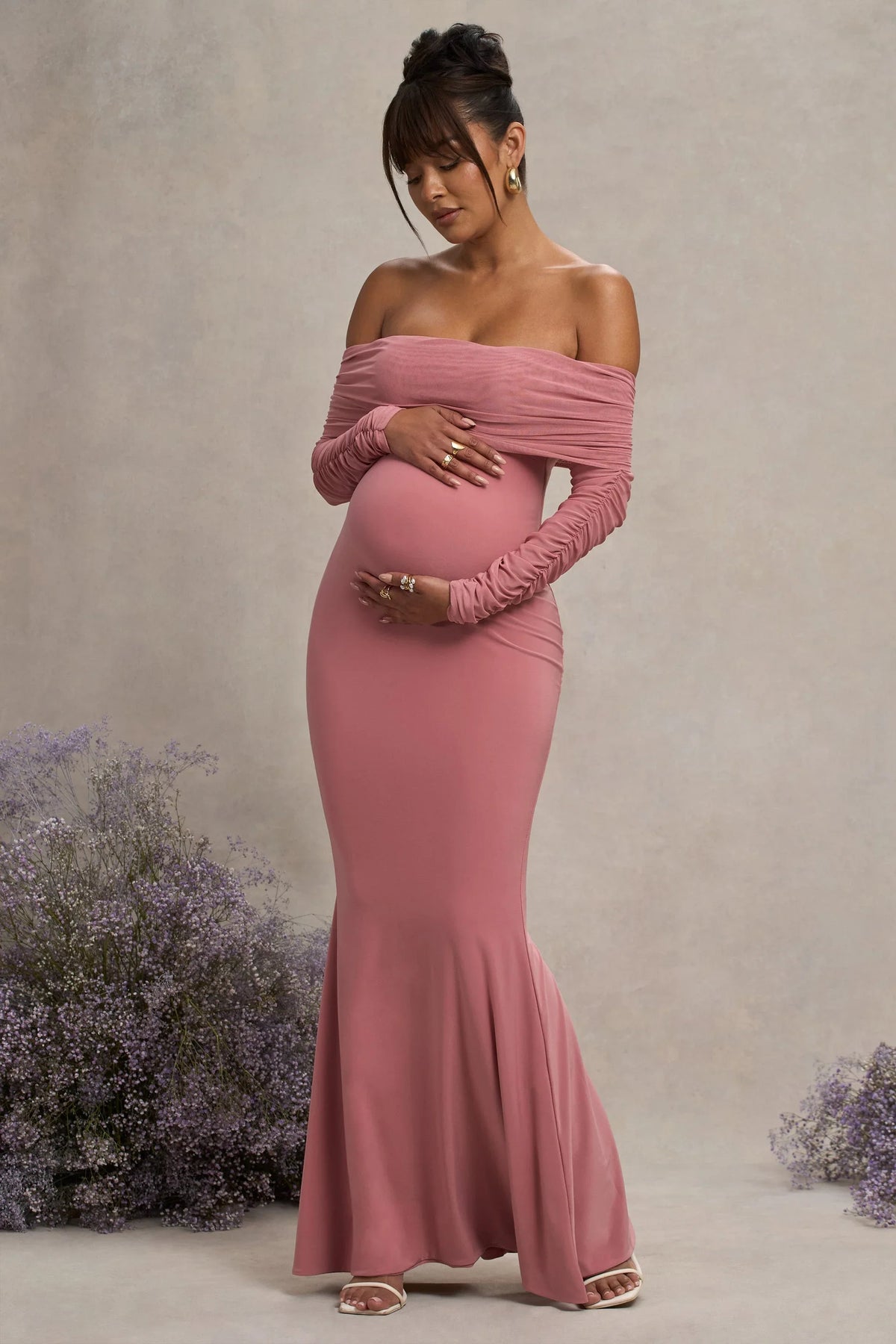Pretty Perfect Blush Pink Maternity Ruched Mesh Bardot Maxi Dress