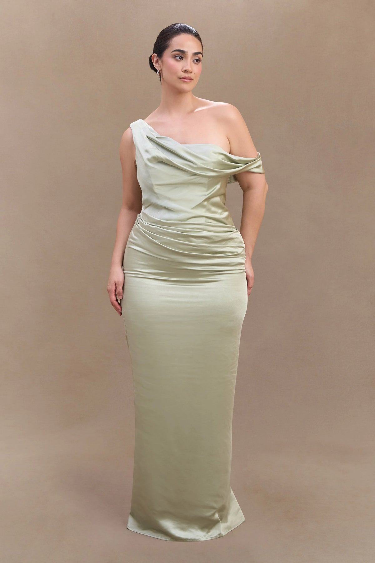 Dalia Off Shoulder Satin Maxi Dress Sage