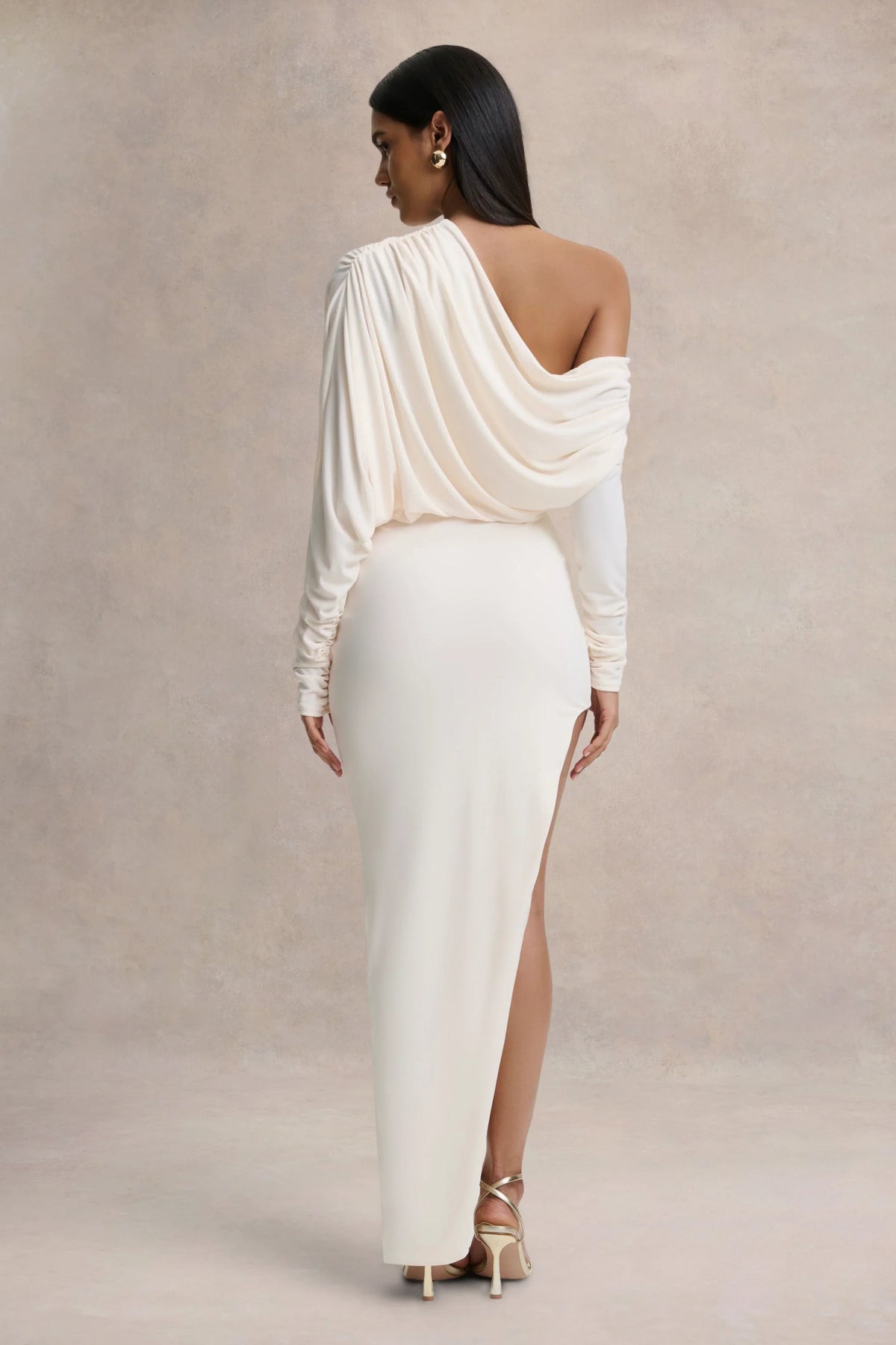 Olivia Cream Asymmetric Neck Maxi Dress With Ruched Detailing Asymmetric Hem