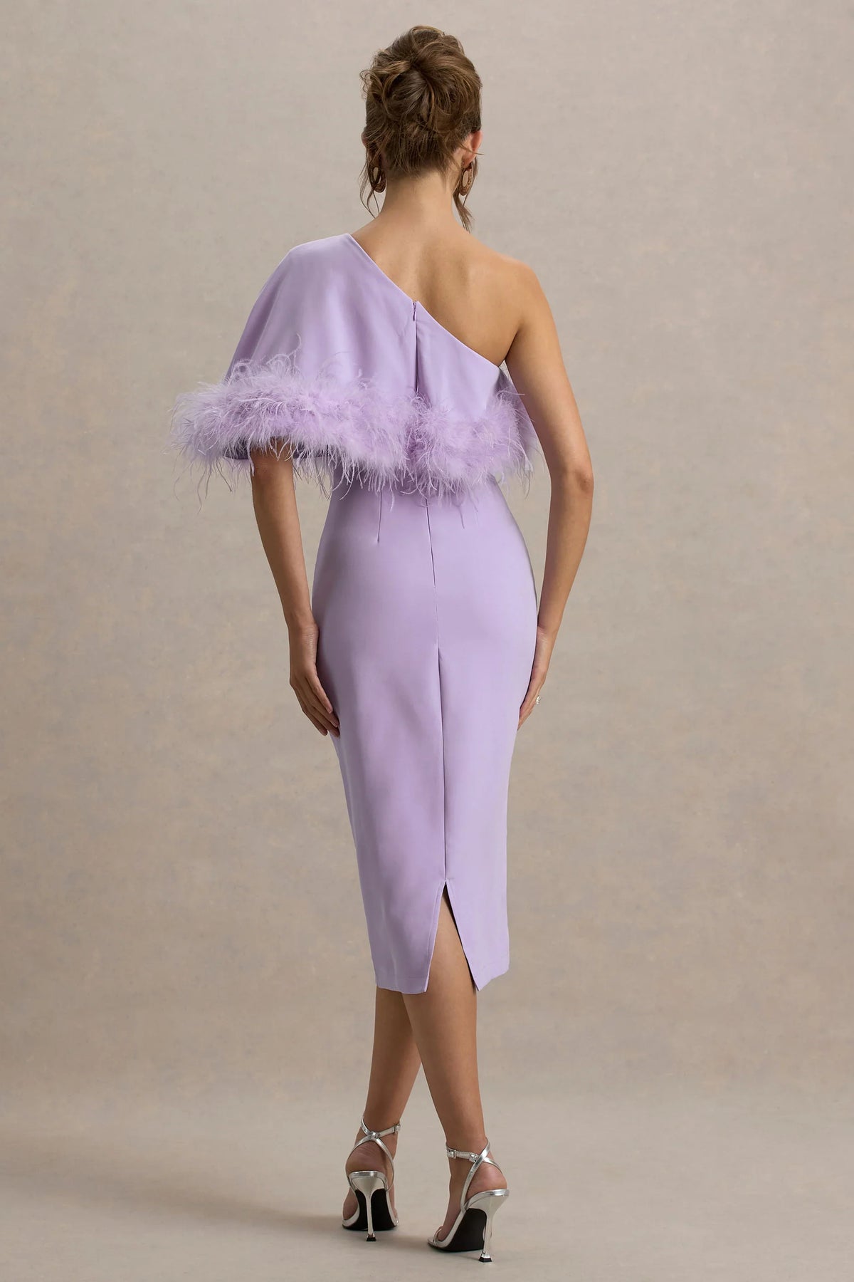 Victory Lilac One Shoulder Midi Dress With Feather Trim