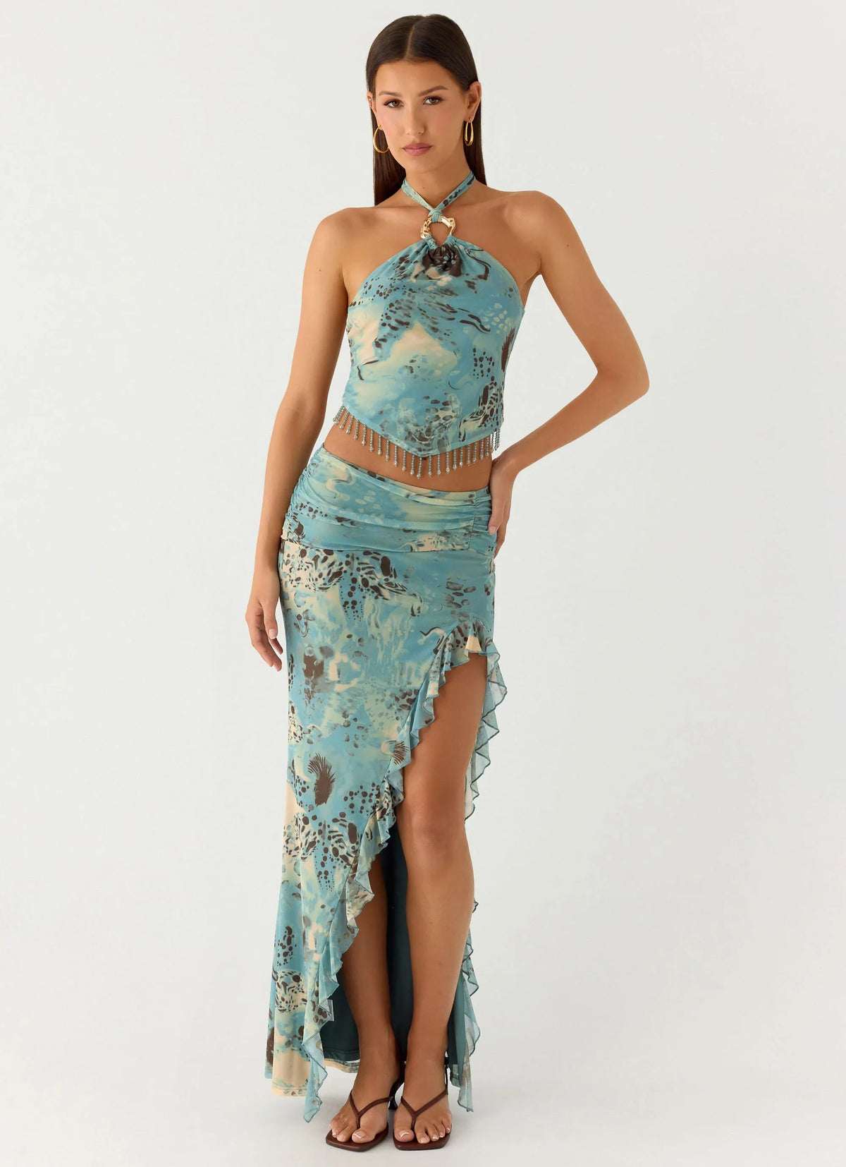Lloyd Beaded Halter Top Aqua Blur