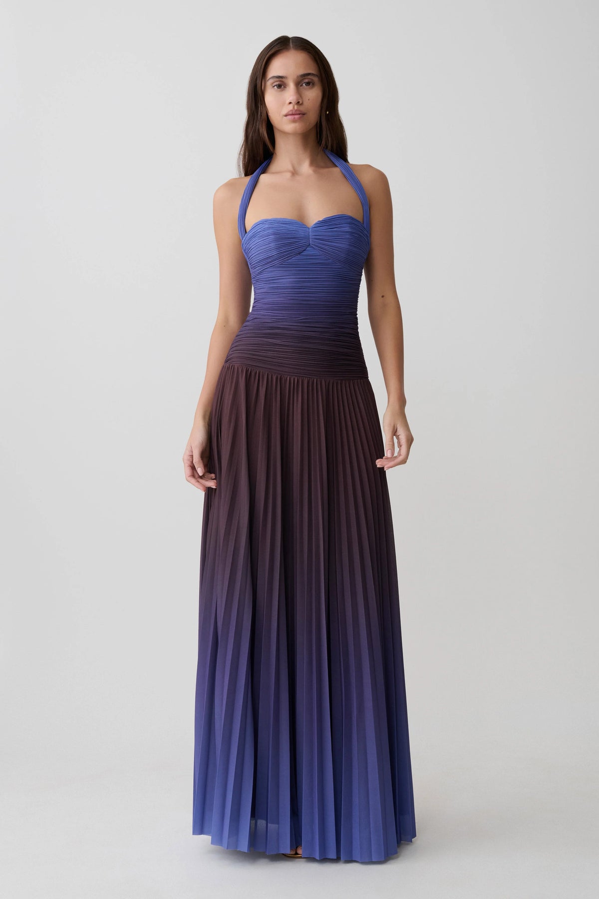 Azizi Pleated Halter Midi Dress Chocolate Blue Ombre Print