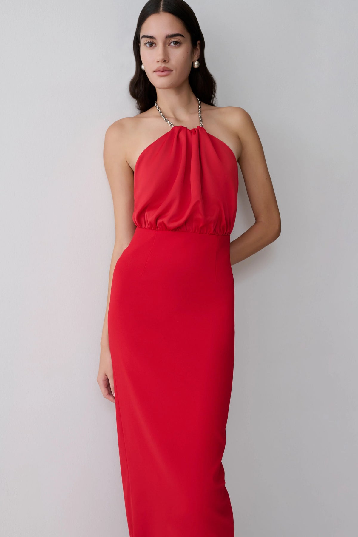 Elina Satin Necklace Maxi Dress Red