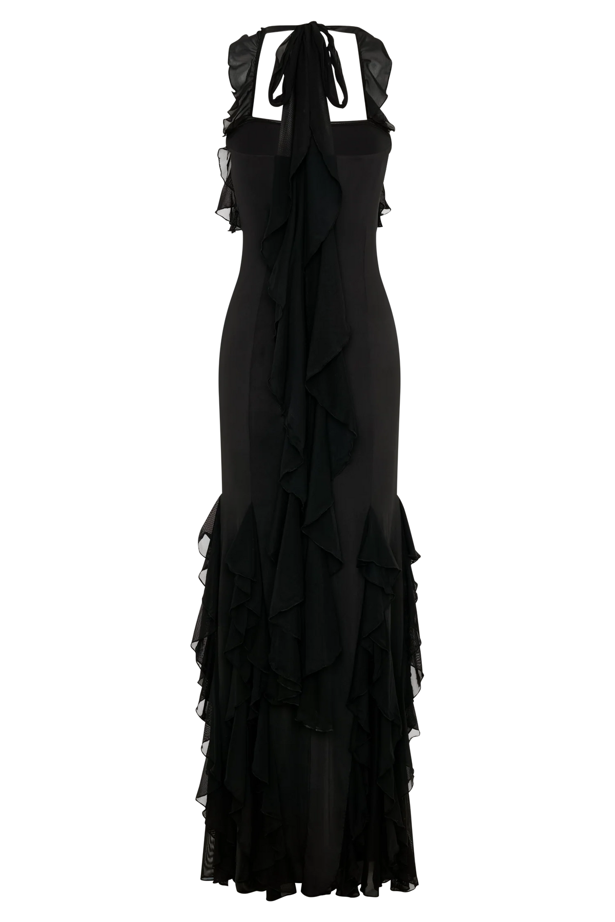Etta Ruffle Slinky Maxi Dress Black
