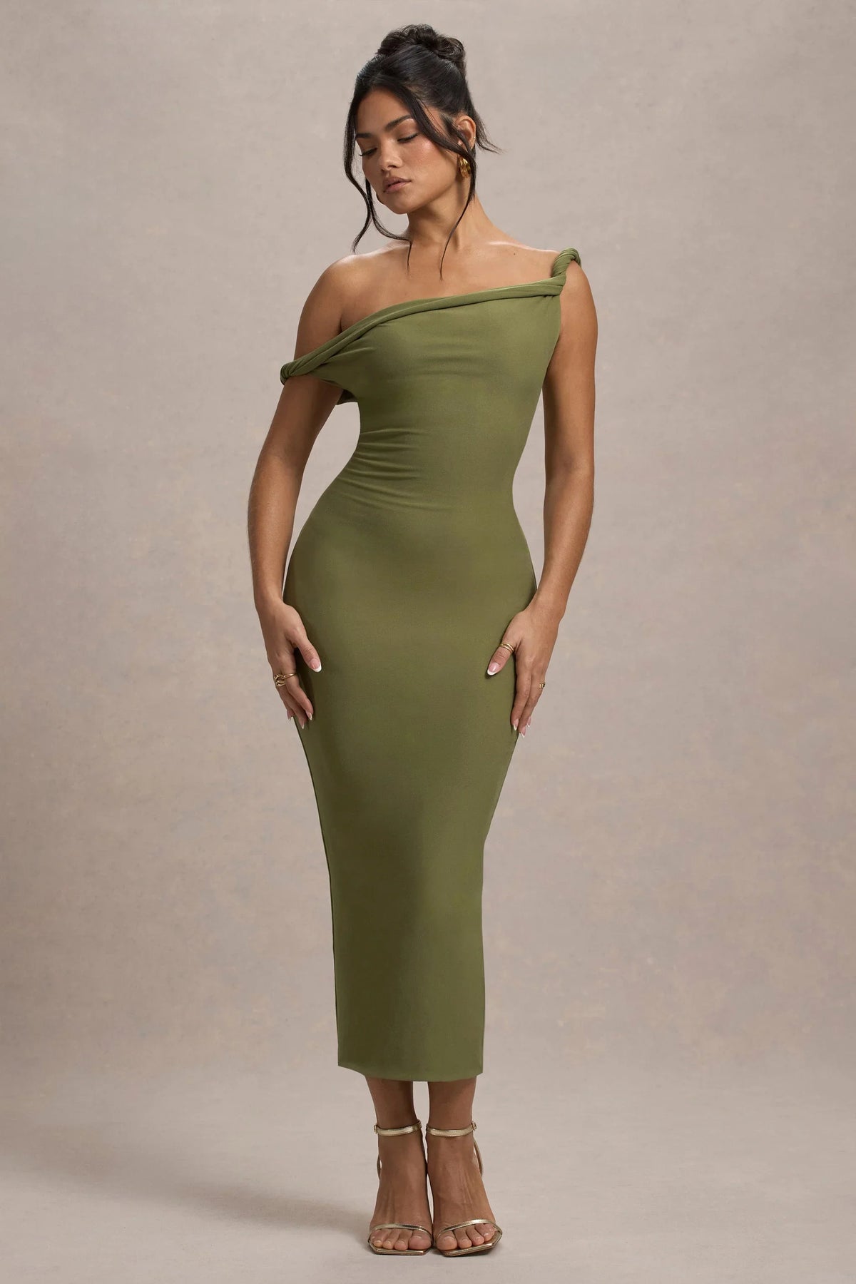 Salome Olive Twisted Asymmetric Midi Dress