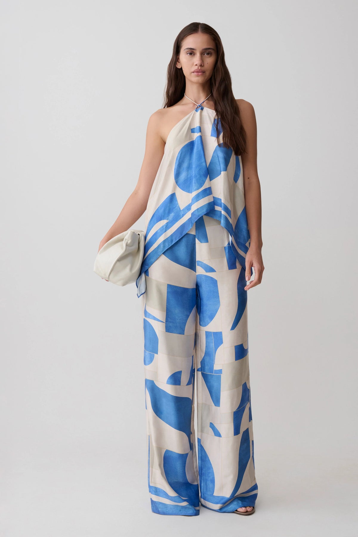 Rachel Satin Straight Leg Pants Blue Geo Tile Print