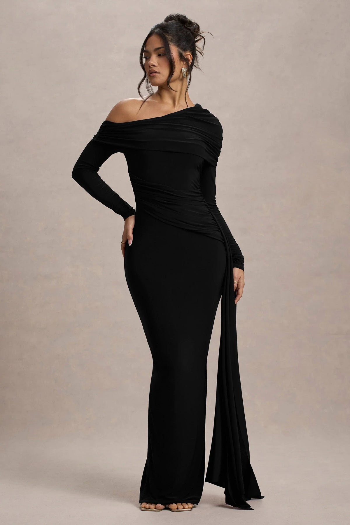 Valina Black Ruched Asymmetric Maxi Dress With Drape