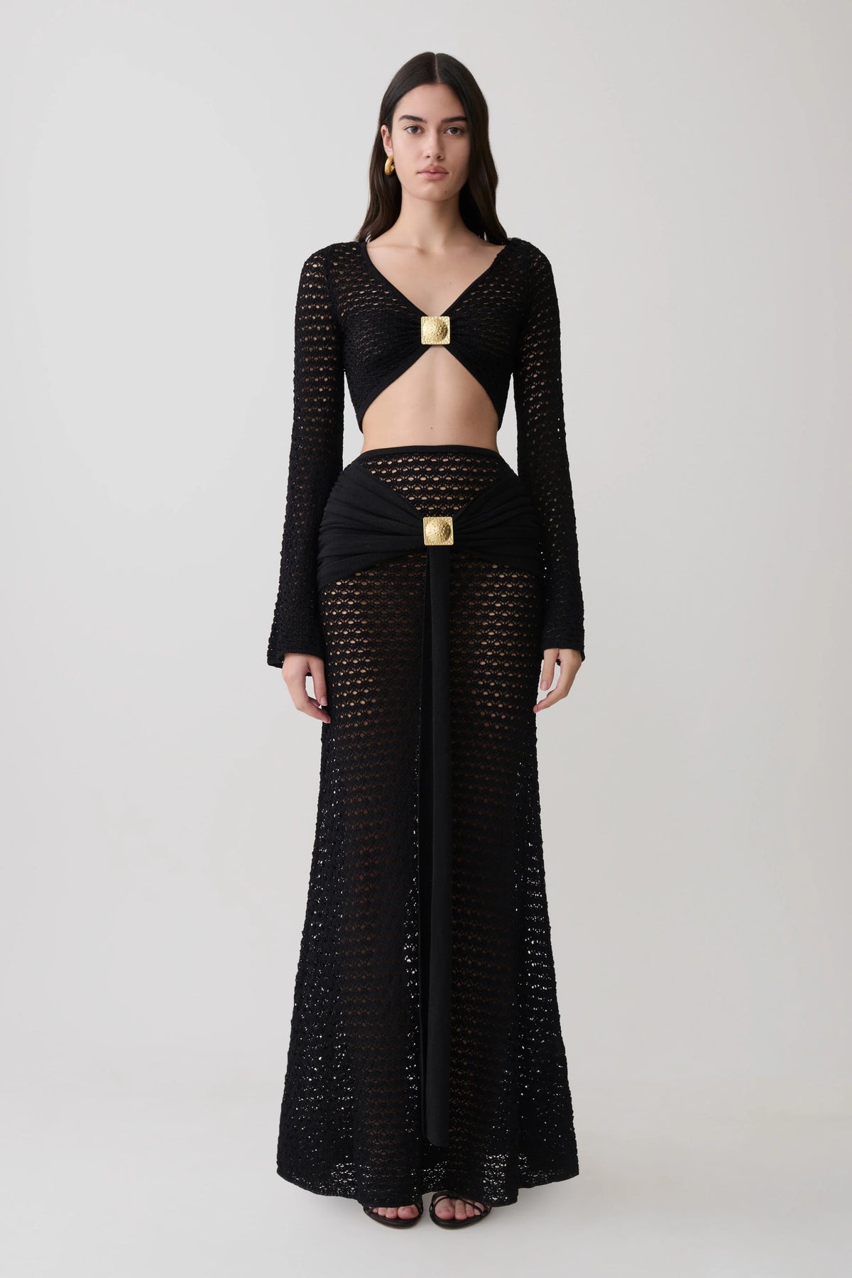 Mania Crochet Long Sleeve Cropped Top Black