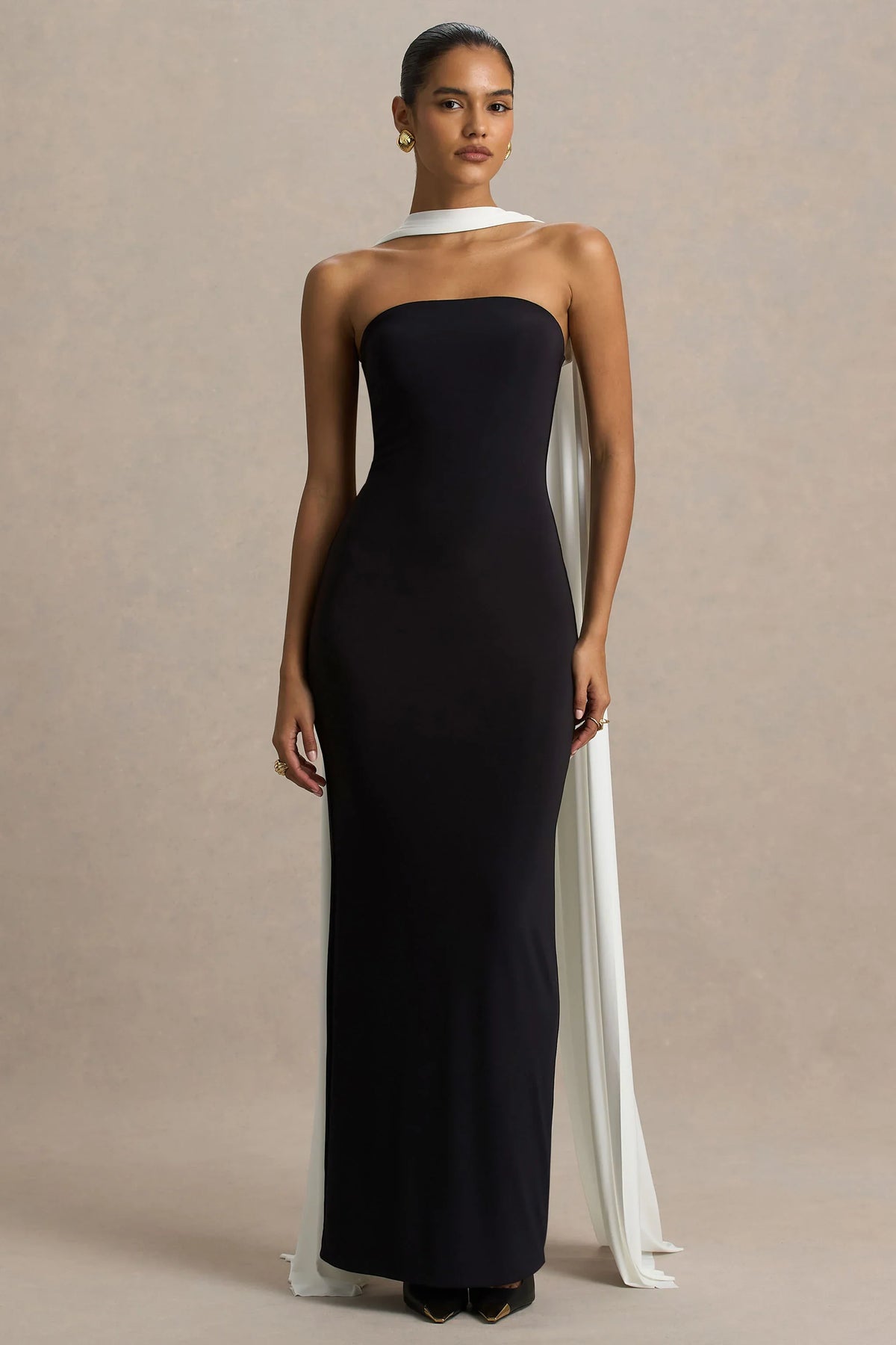 Kelilah Black And White Bandeau Maxi Dress With Scarf Detail