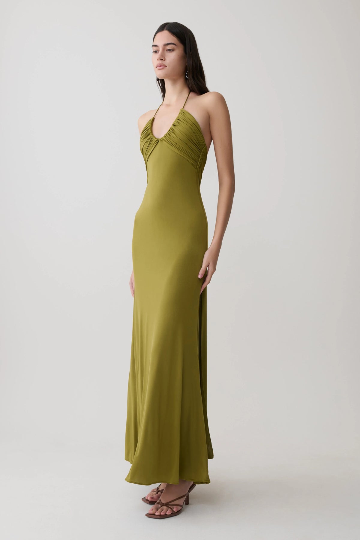 Maely Gathered Slinky Maxi Dress Olive