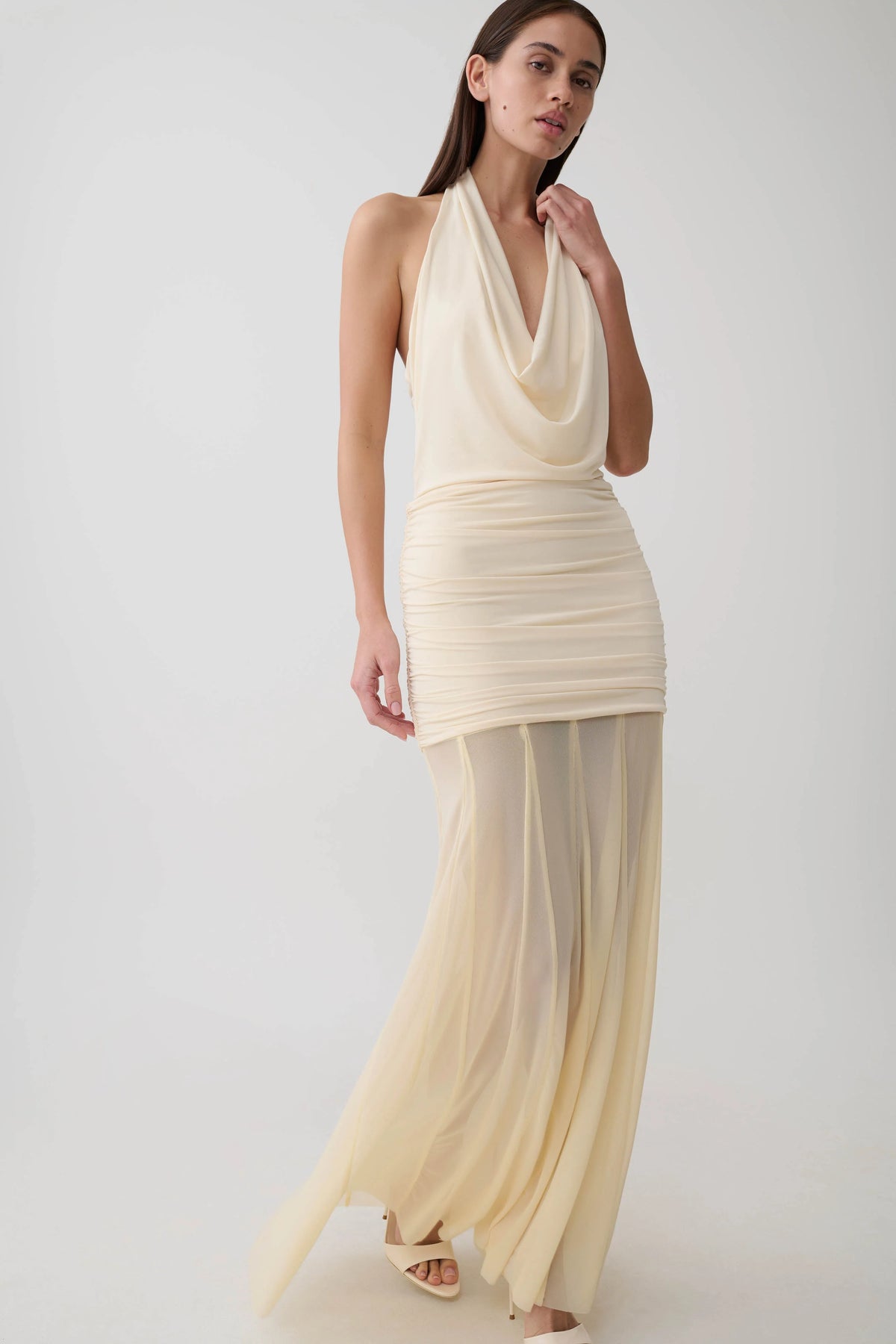 Jorja Draped Halter Slinky Maxi Dress Ivory