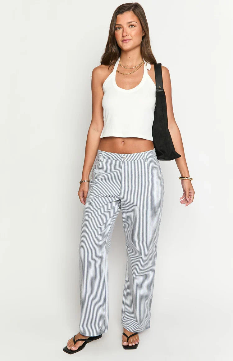 Amity Navy Stripe Mid Rise Straight Leg Jeans