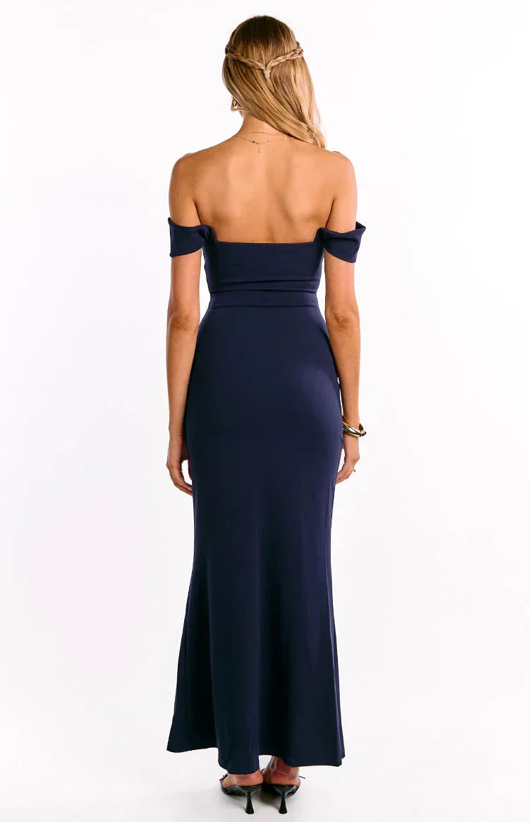 Ella Navy Off Shoulder Crepe Formal Maxi Dress