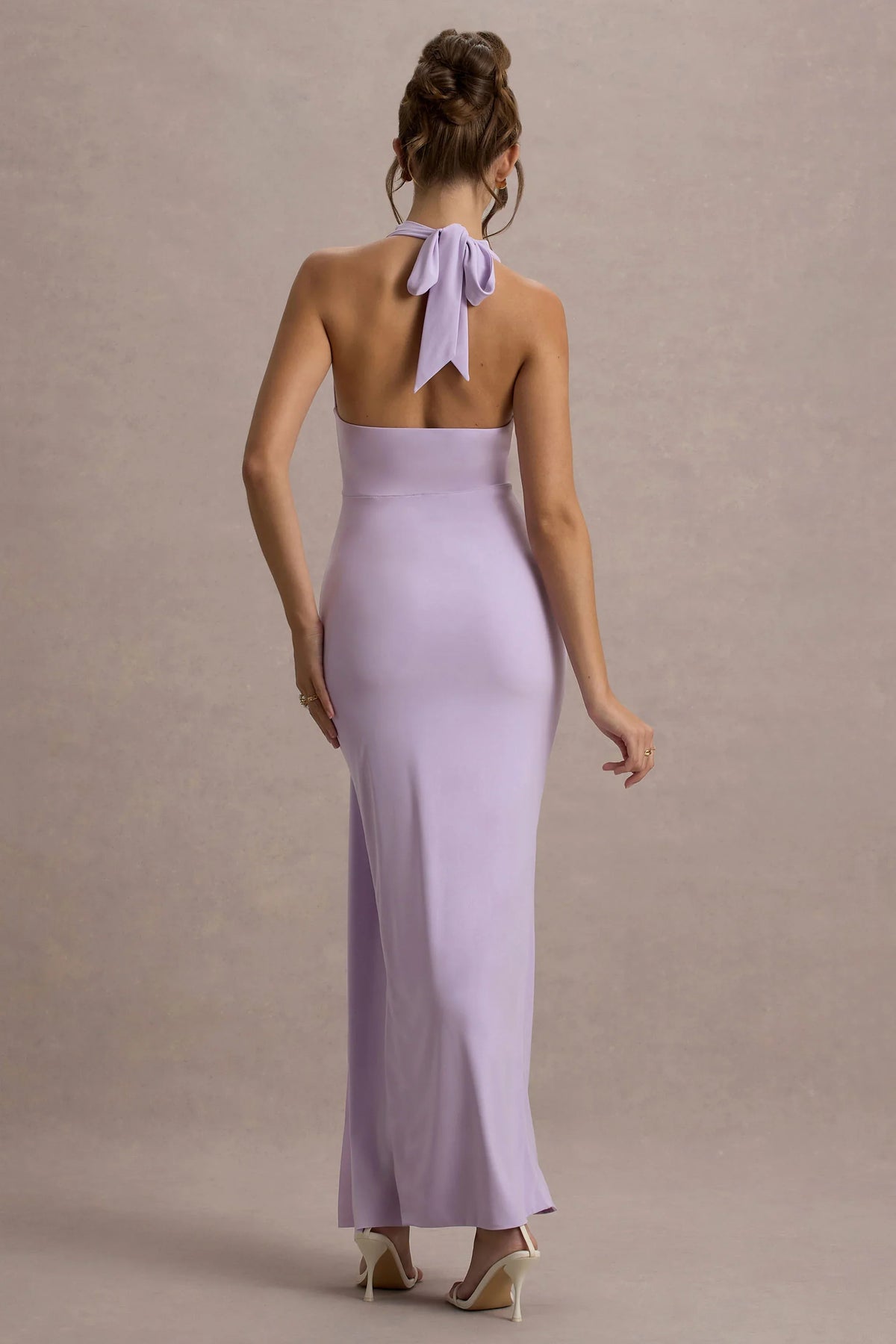Sunflower Lilac Ruched High Neck Split Maxi Dress