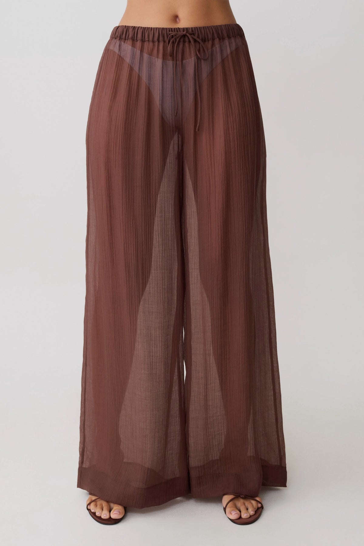 Leilani Sheer Drawstring Wide Leg Pants Chocolate