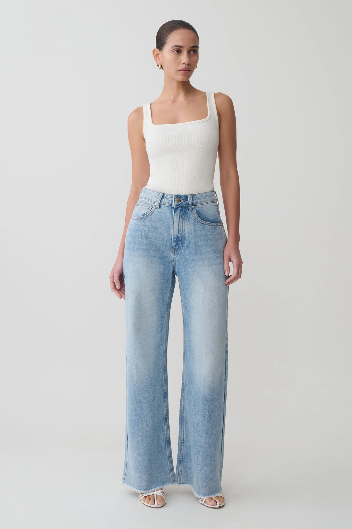 Sebastian Straight Leg Denim Jeans With Fray Hem Washed Light Blue