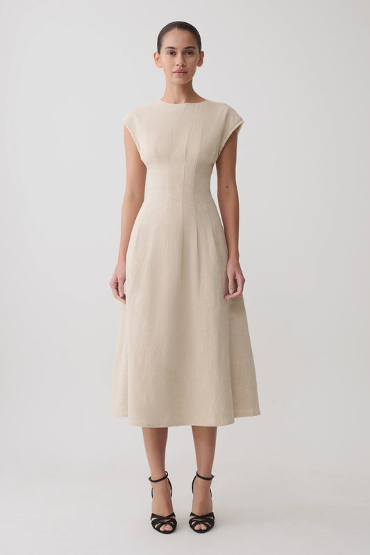 Zinia Linen Cap Sleeve Midi Dress Natural