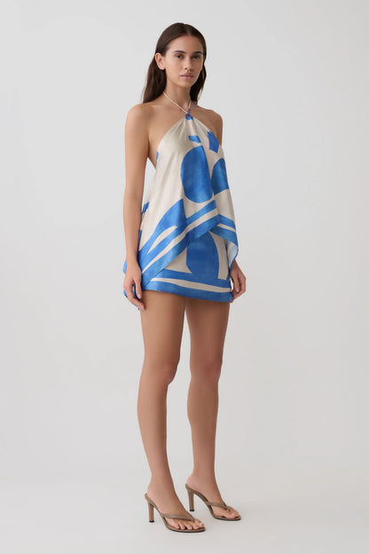 Adelaide Satin Mini Skirt Blue Geo Tile Print