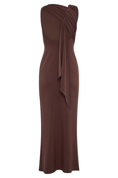 Catelyn Asymmetrical Scuba Jersey Midi Dress Cacao Brown