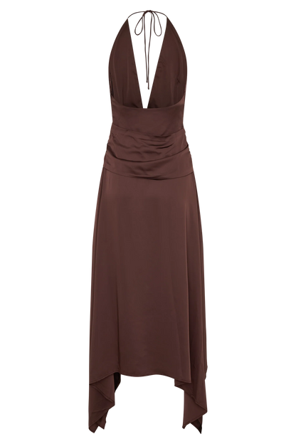 Cyra Plunge Satin Midi Dress Dark Chocolate