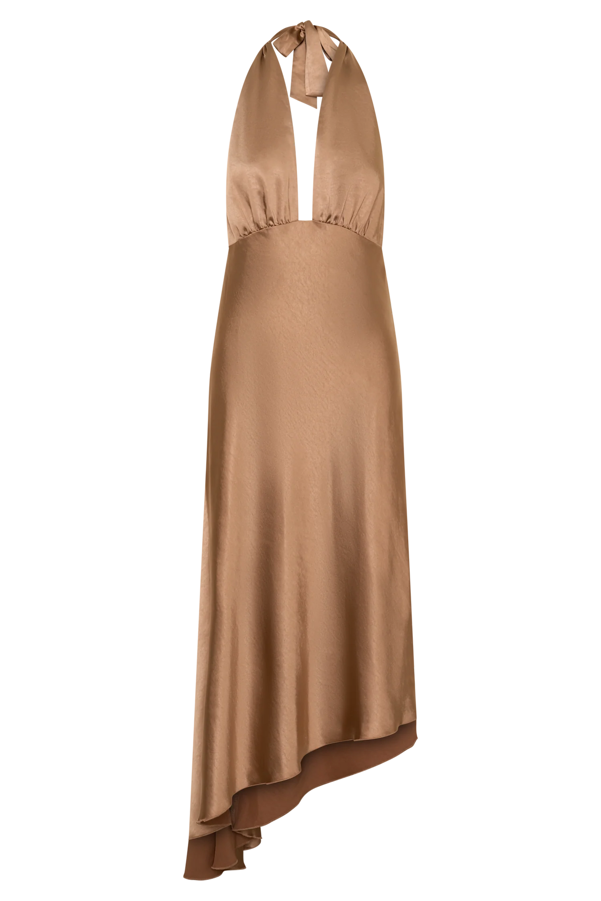 Adelie Asymmetric Hem Halter Midi Dress Cognac
