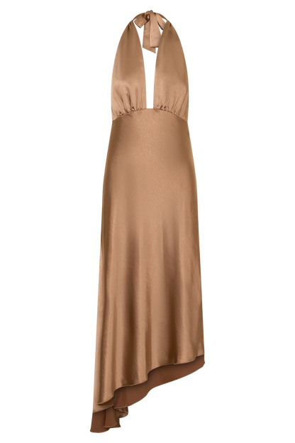 Adelie Asymmetric Hem Halter Midi Dress Cognac