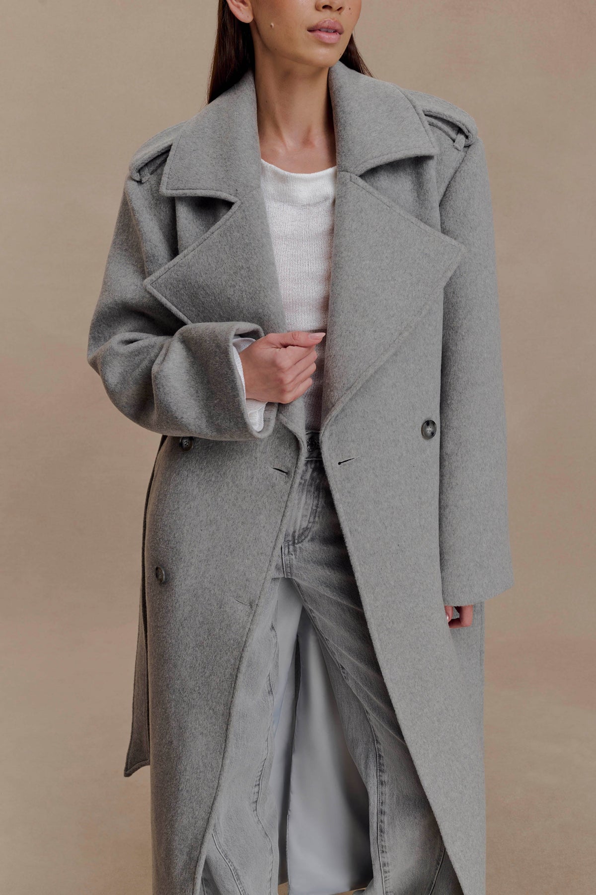 Levi Long Trench Wool Coat Grey Marle