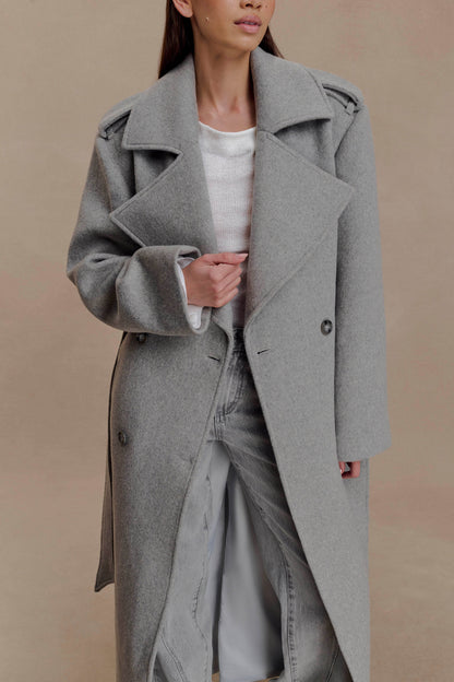 Levi Long Trench Wool Coat Grey Marle