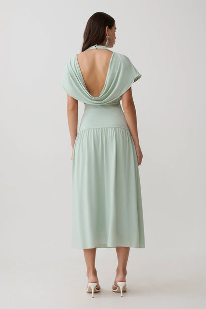 Ailla High Neck Cowl Midi Dress Aqua Grey