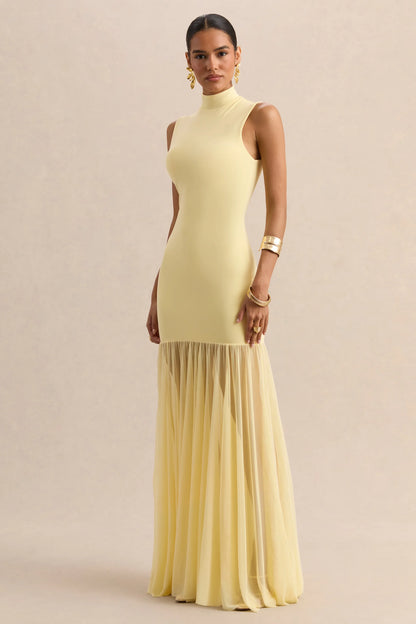 Felina Lemon High Neck Maxi Dress With Sheer Skirt