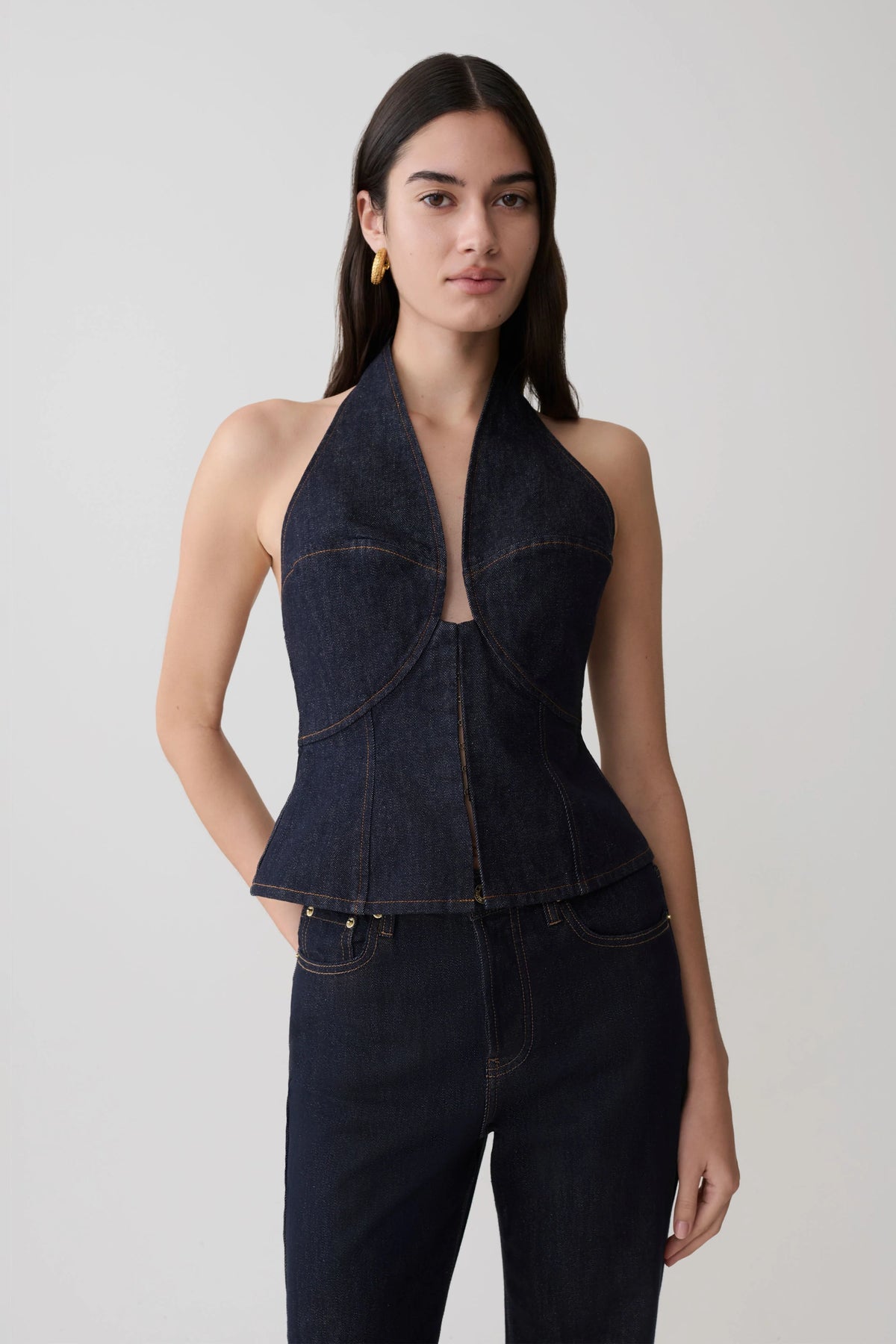 Rema Halter Longline Denim Top Washed Indigo Blue