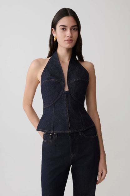 Rema Halter Longline Denim Top Washed Indigo Blue