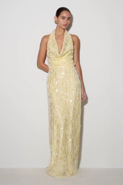 Gertrud Sequin Halter Maxi Dress Lemon