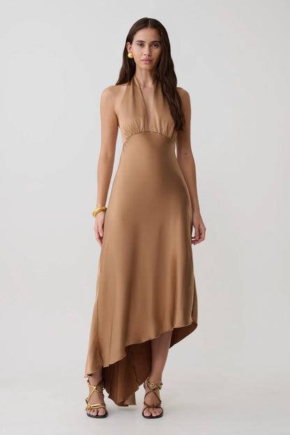 Adelie Asymmetric Hem Halter Midi Dress Cognac